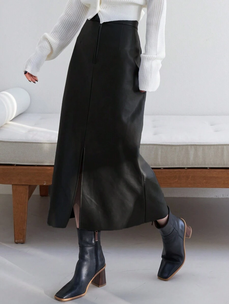 Dazy-Less Hoher Bund Spaltrock aus PU-Leder im Old Money Stil, Business Lässig Arbeitskleidung für Frauen, Herbst/Winter - Schwarz - Übersicht 1