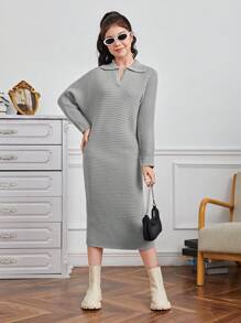 Adolescent Fille Robe Pull Col cranté Manches Chauve-Souris - Gris pâle - Voir 1