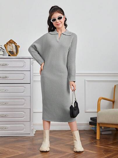 Teen Girl Notched Neck Batwing Sleeve Sweater Dress
