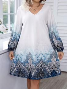 Calvaya Plus Paisley Print Lantern Sleeve Dress - Multicolor - View 3