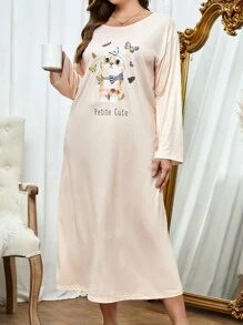 卡通字母图案睡衣睡裙、长裙 - 杏色 - 查看 1