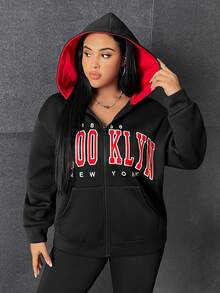 SHEIN EZwear Plus Size Letter Graphic Zip Up Drop Shoulder Sweatshirt - Black - View 5