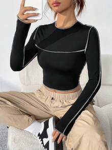 SHEIN EZwear Khâu trên cùng Áo phông Crop - màu đen - Xem 6