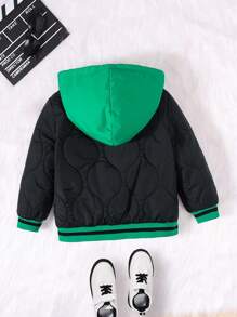 SHEIN Young Boy 1pc Embroidery Letter Pattern Striped Trim Hooded Quilted Coat,In Fall/Winter - Black - View 2