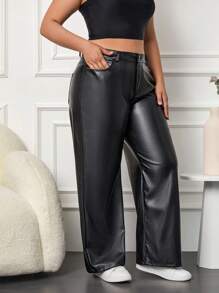EURMUSE Plus Leather Look Wide Leg Jeans - Black - View 4