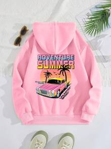 SHEIN EZwear Car & Letter Graphic Drawstring Thermal Lined Hoodie - Pink - View 1
