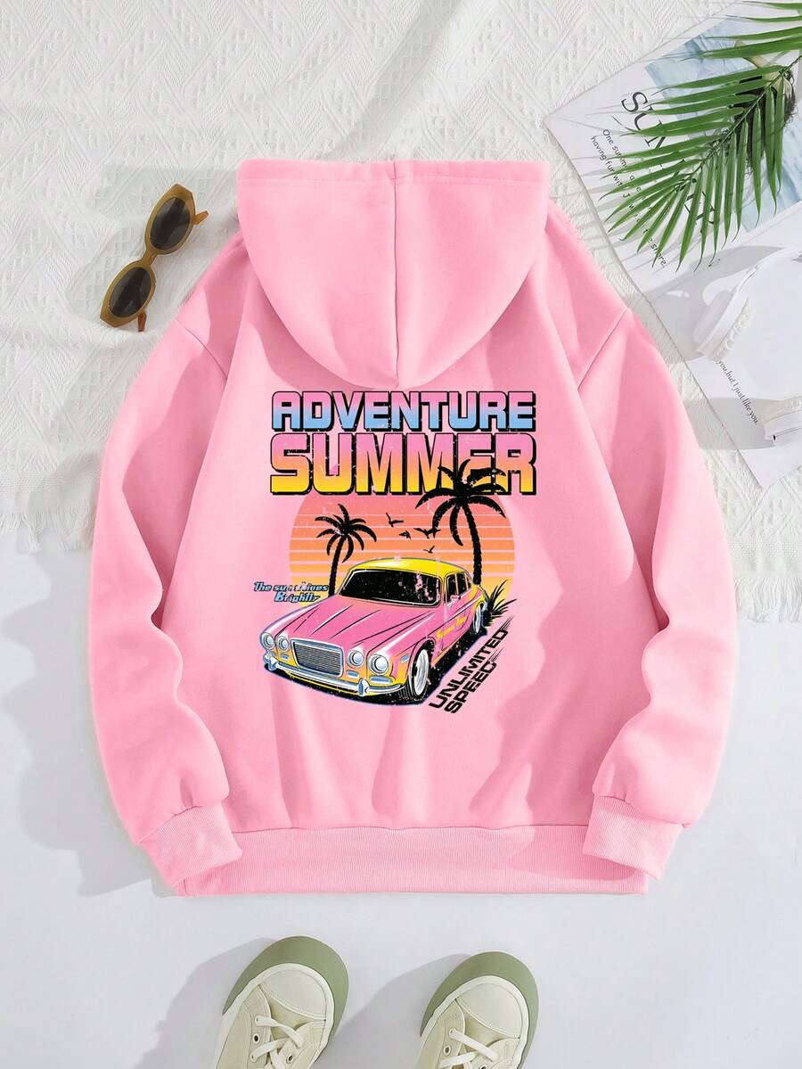 SHEIN EZwear Car & Letter Graphic Drawstring Thermal Lined Hoodie - Pink - View 1