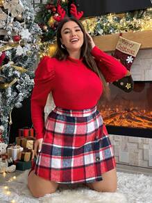 SHEIN Essnce Plus Mock Neck Gigot Sleeve Tee & Plaid Print Skirt - Red - View 6