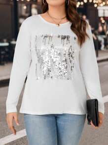 SHEIN LUNE Plus Contrast Sequin Tee - White - View 5