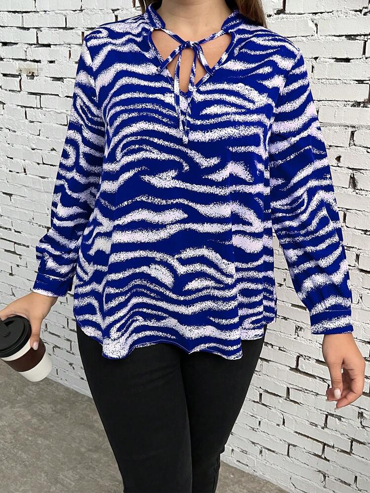 Plus Zebra Striped Tie Neck Blouse