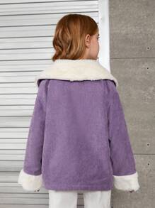 SHEIN Tween Girl Borg Collar Flap Pocket Drop Shoulder Corduroy Jacket - Purple - View 2
