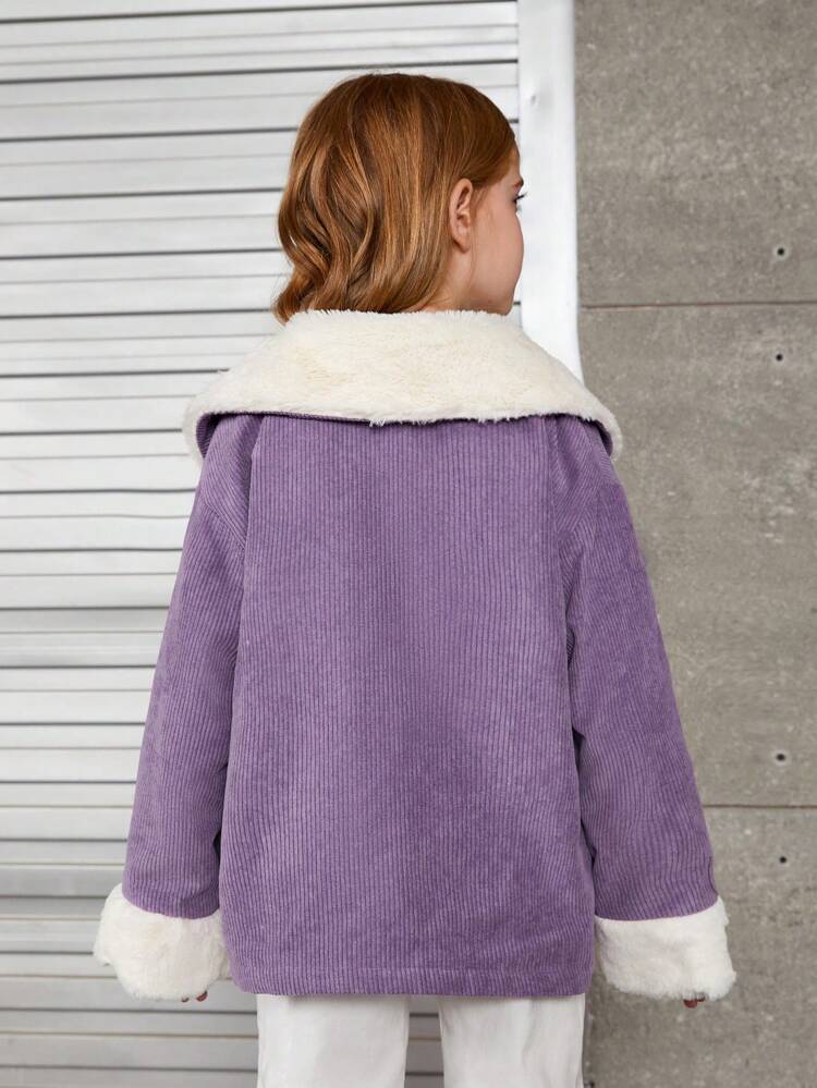 Tween Girl Borg Collar Flap Pocket Drop Shoulder Corduroy Jacket