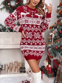 Chiquease Christmas Pattern Drop Shoulder Sweater Dress - Burgundy - View 3