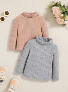 SHEIN Bebé niña 2 piezas Camiseta cuello alto tejida de canalé - Multicolor - Ver 1