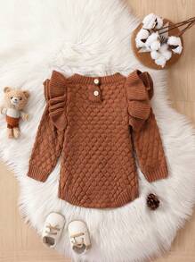 Baby Girl Ruffle Trim Keyhole Back Knit Bodysuit - Brown - View 2