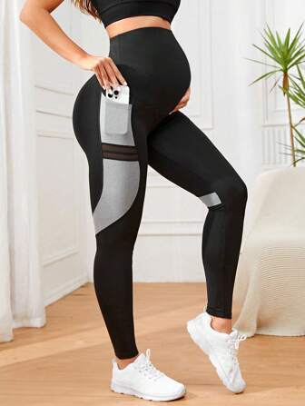 Maternity Wide Waistband Contrast Mesh Insert Phone Pocket Side Stripe Leggings