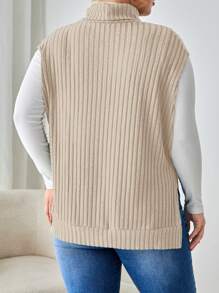 SHEIN Essnce 1pc Plus Turtleneck Split Hem Tank Top - Apricot - View 2