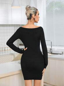 GENKIRA Off Shoulder Chi tiết Nút Váy len bó sát Không có thắt lưng - màu đen - Xem 2