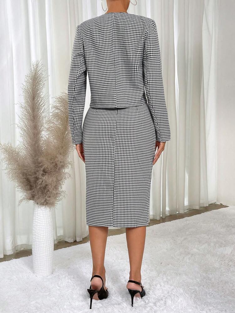 Houndstooth Print Double Breasted Jacket & Split Thigh Skirt