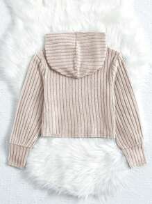 SHEIN Leap Crew Tween Girl Solid Ribbed Knit Hooded Sweatshirt,In Fall/Winter - Apricot - View 2