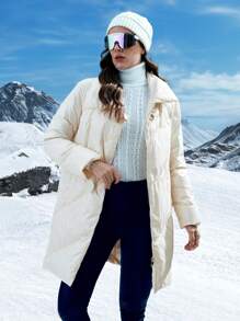 SHEIN Unity Abrigo de plumas con bolsillo oblicuo liso - Blanco - Ver 4