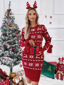 SHEIN LUNE 聖誕圖案落肩袖毛衣洋裝 - 彩色 - 查看 3