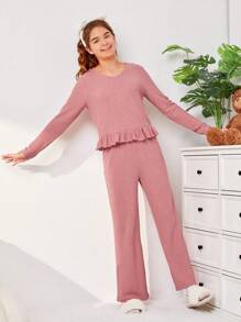 SHEIN 青少年女孩荷葉邊T恤和褲子睡衣套裝 - 粉色 - 查看 5