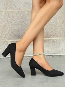 Black Point Toe Pumps, Chunky Heeled Court Pumps For Women - Black - View 3