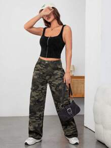 SHEIN EZwear 拉鏈開襟短款絨毛針織上衣 - 黑色 - 查看 4