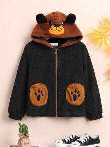 SHEIN Young Boy Cartoon Embroidery 3D Ear Design Hooded Teddy Jacket,In Fall/Winter - Brown - View 6