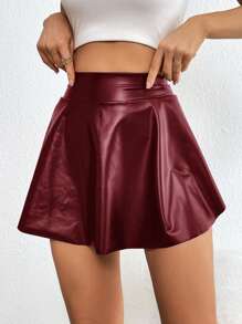 SHEIN Essnce Boho Skorts For Women Western Wear Women Metallic Silver Inner Pocket Shorts Women's Solid Color Elastic Waist Skirt Shorts With Pockets - Burgundy - View 3