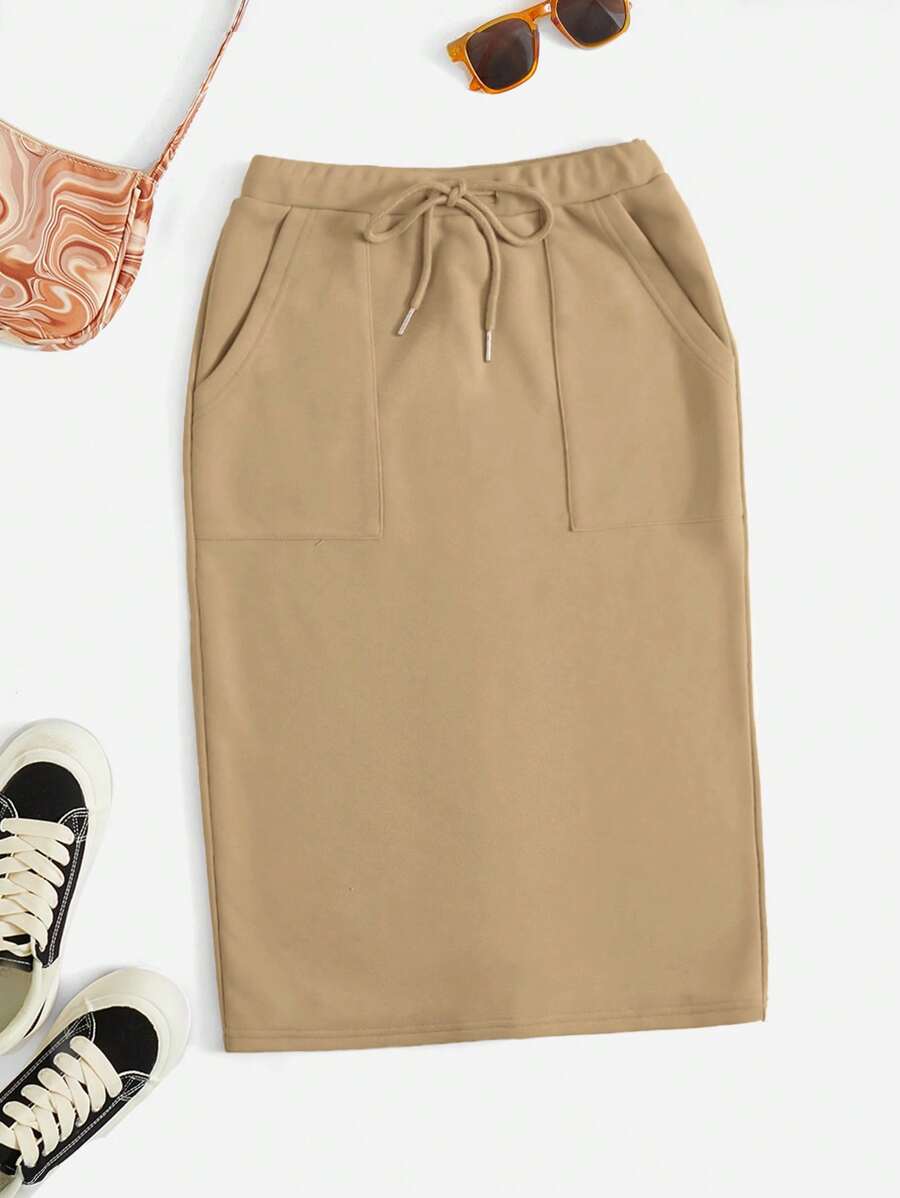 SHEIN EZwear Drawstring Waist Slant Pocket Skirt