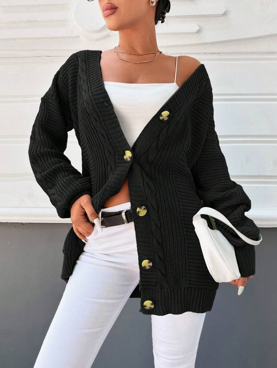 EURMUSE 女士休闲纯色开衫，秋冬季 - 黑色 - 查看 1