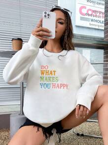 Flirla Slogan Embroidery Drop Shoulder Sweatshirt DO WHAT MAKES YOU HAPPY Graduation,Back To School Outfits,Graduation,Teacher Outfits For Women,Back To School