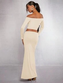 SHEIN BAE de hombros descubiertos Top crop & Falda bajo de sirena - Albaricoque - Ver 2