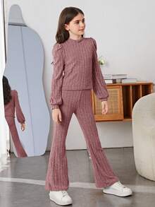 SHEIN Tween Girl Mock Neck Puff Sleeve Rib-knit Tee & Flare Leg Pants Set - Dusty Pink - View 4
