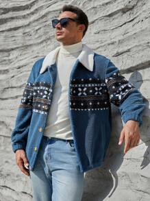 GENTILAND Oversized Men's Plus Size Geometric Print Borg Collar Teddy Lined Jacket - Blue - View 1