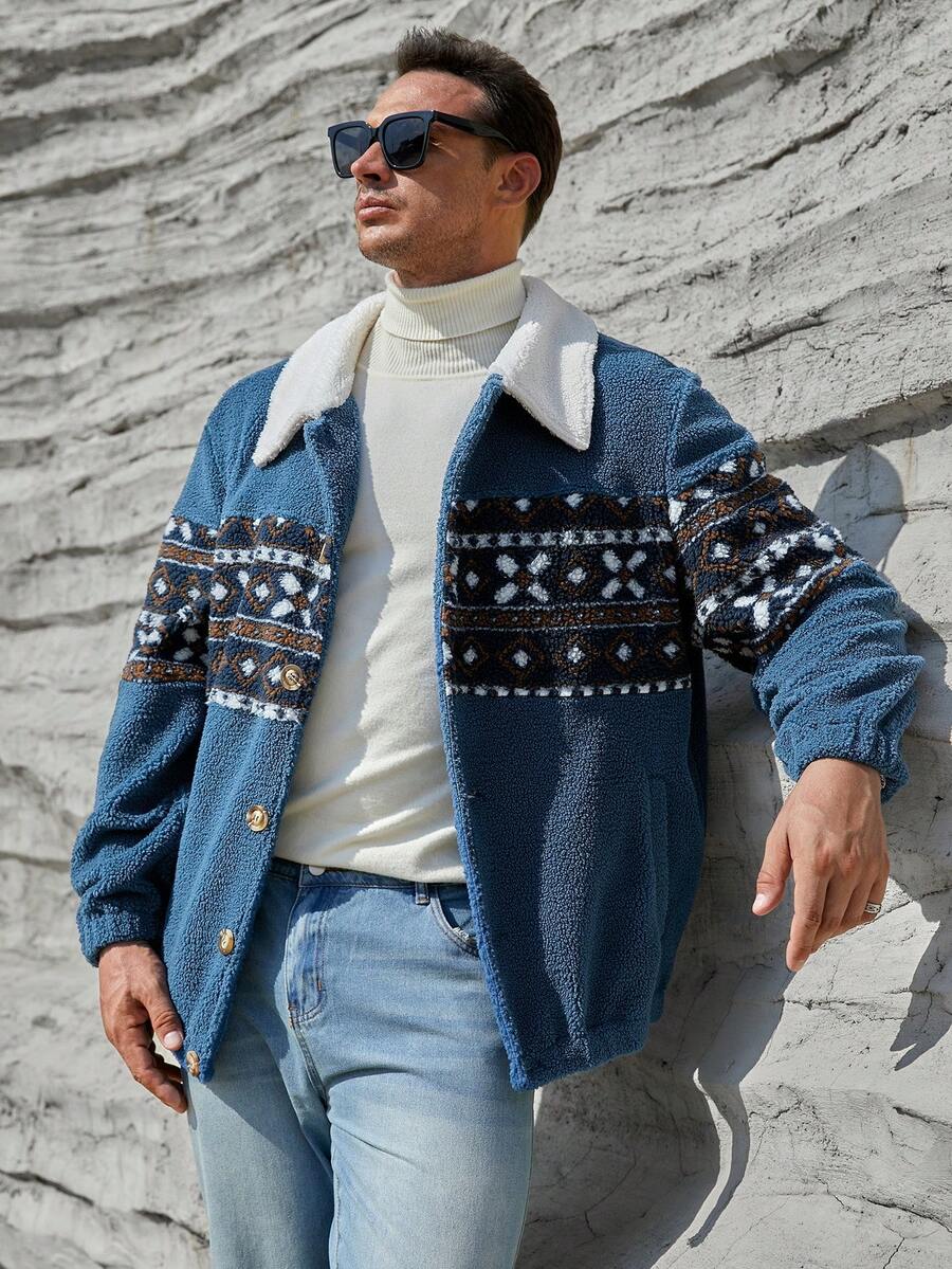 GENTILAND Oversized Men's Plus Size Geometric Print Borg Collar Teddy Lined Jacket - Blue - View 1