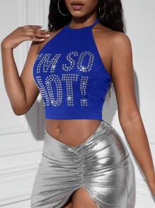 Slaydiva Pha lê Mẫu khẩu hiệu Không lưng Áo Crop Halter - Xanh đậm - Xem 7