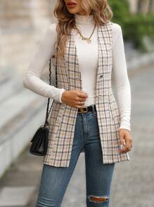 SHEIN Clasi 格紋印花雙排釦外套馬甲 - 卡其色 - 查看 5