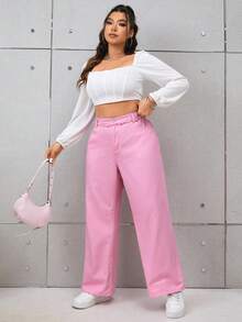 SHEIN EZwear 大碼高腰闊腿牛仔褲 - 淺粉色 - 查看 4