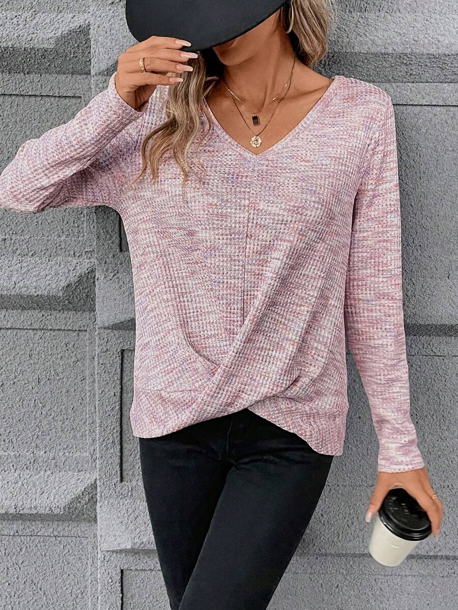 SHEIN Frenchy Space Dye Twist Hem Tee - Pink - View 1