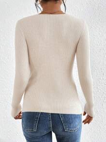 SHEIN Frenchy 前扭結條紋針織套頭毛衣 - 杏色 - 查看 2