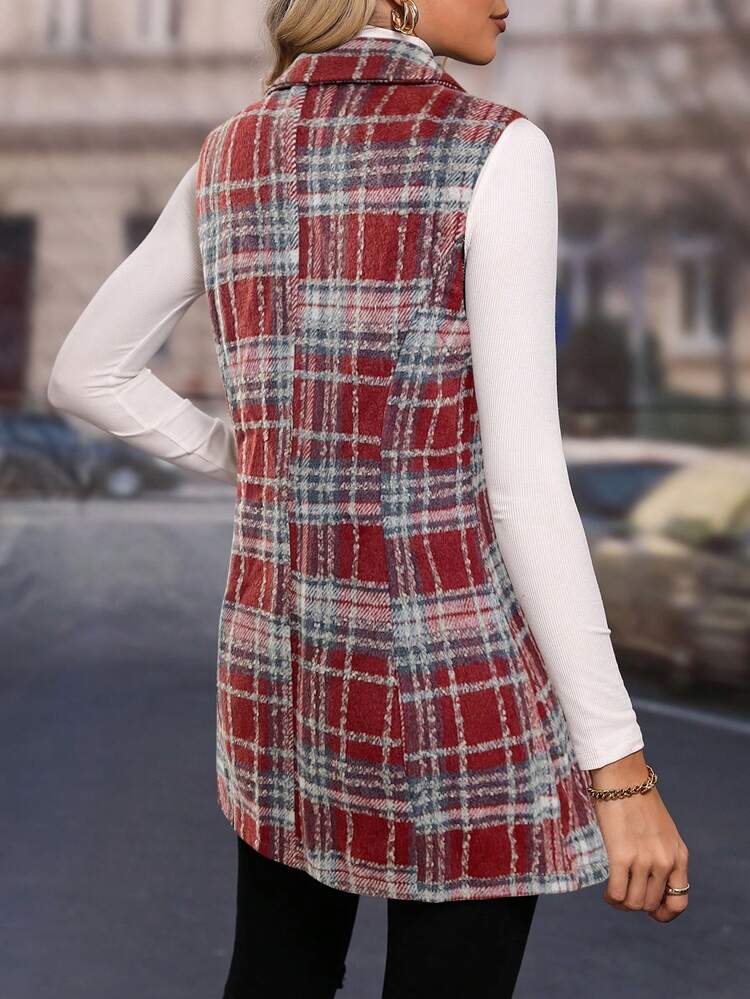 Plaid Print Lapel Neck Vest Coat Without Belt