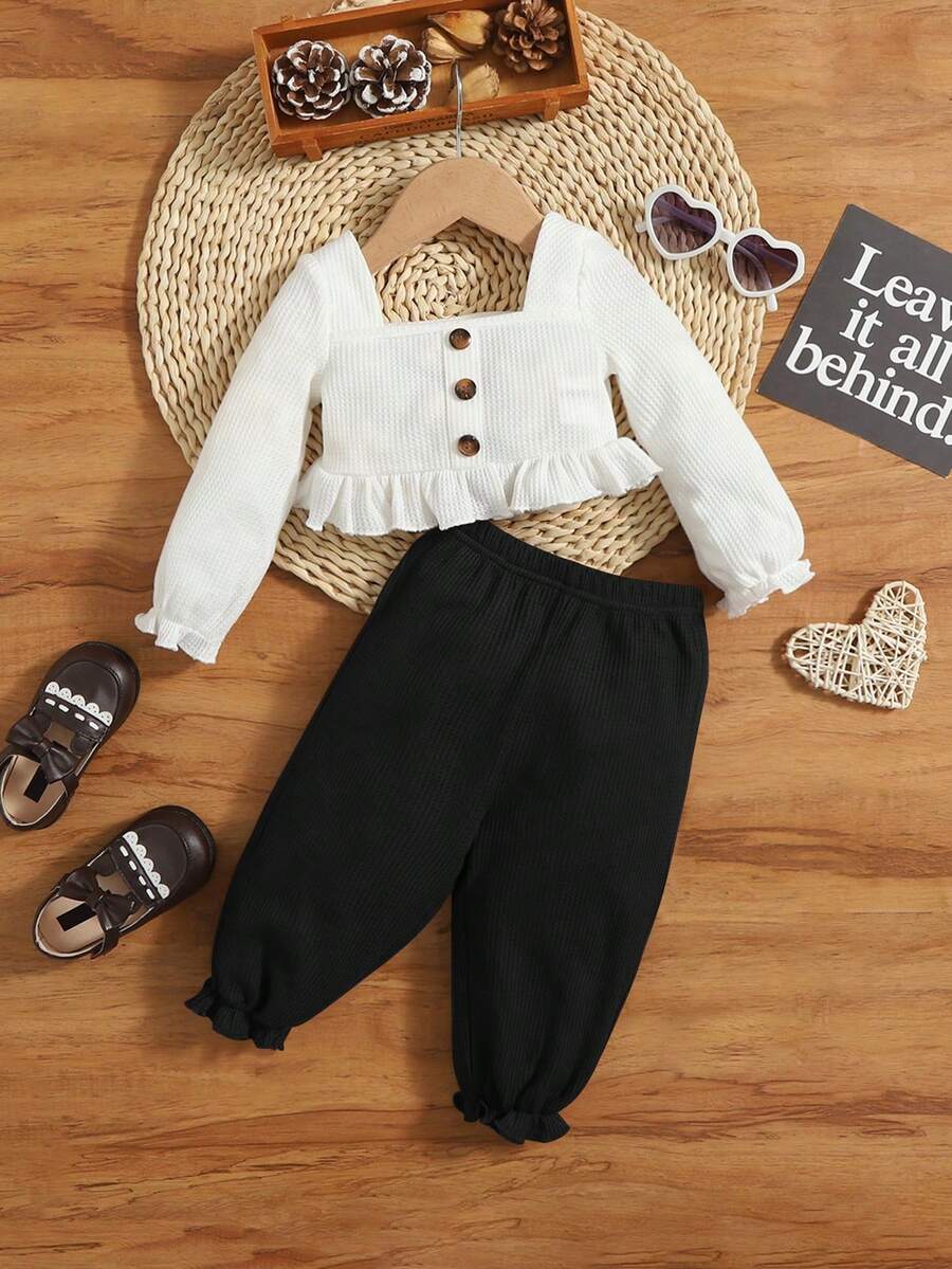 SHEIN Bebé niña Pantalones con top de cuello cuadrado de manga con volante bajo con fruncido - Blanco y Negro - Ver 1