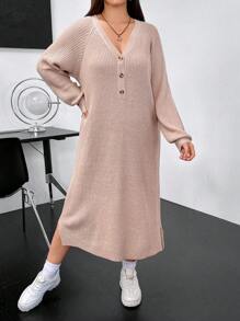 Flirla Plus Raglan Sleeve Button Front Sweater Dress - Camel - View 4