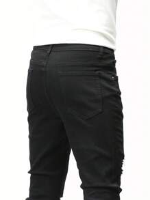 Manfinity 男士破洞抽鬚緊身牛仔褲 - 黑色 - 查看 3