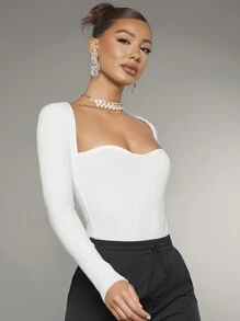 SHEIN BAE Sweetheart Neck Ribbed Knit Bodysuit - White - View 4