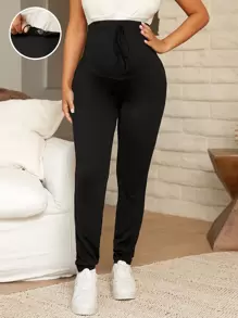 SHEIN Maternity Adjustable Waist Knot Front Leggings - Black - View 1