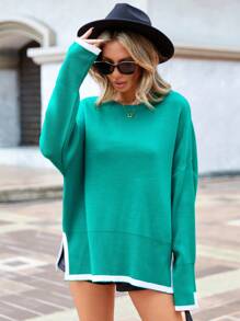 RueChic Solid Contrast Trim Split Hem Batwing Sleeve Sweater - Green - View 5
